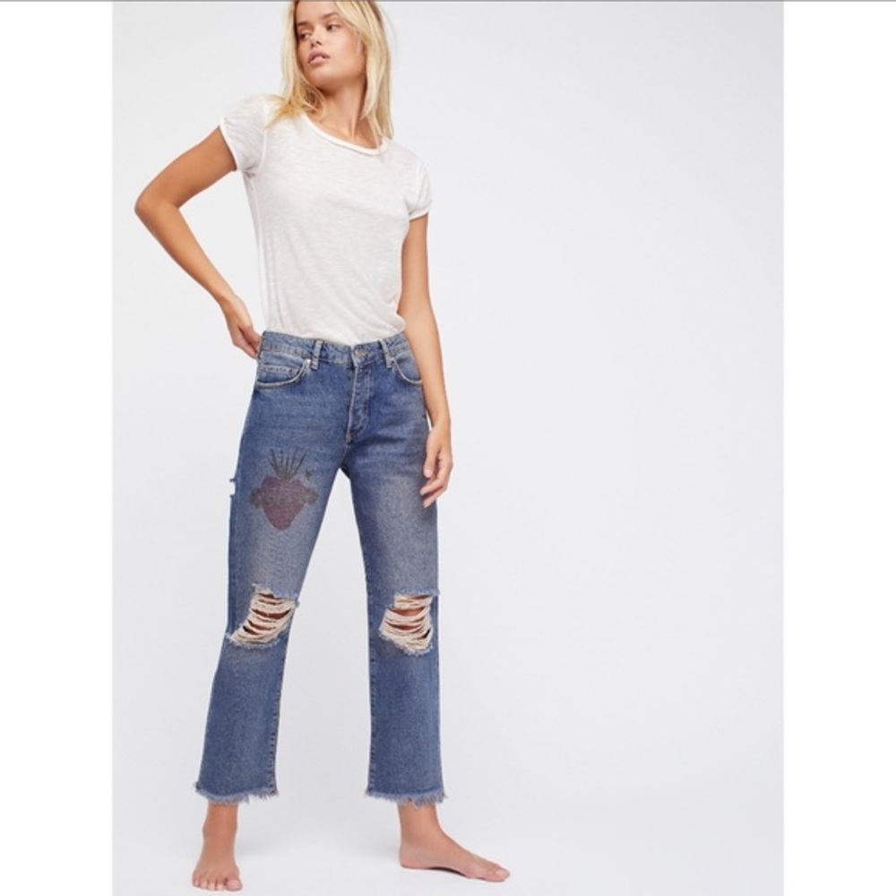 Free People Tattoo Heart Print Distressed Jeans